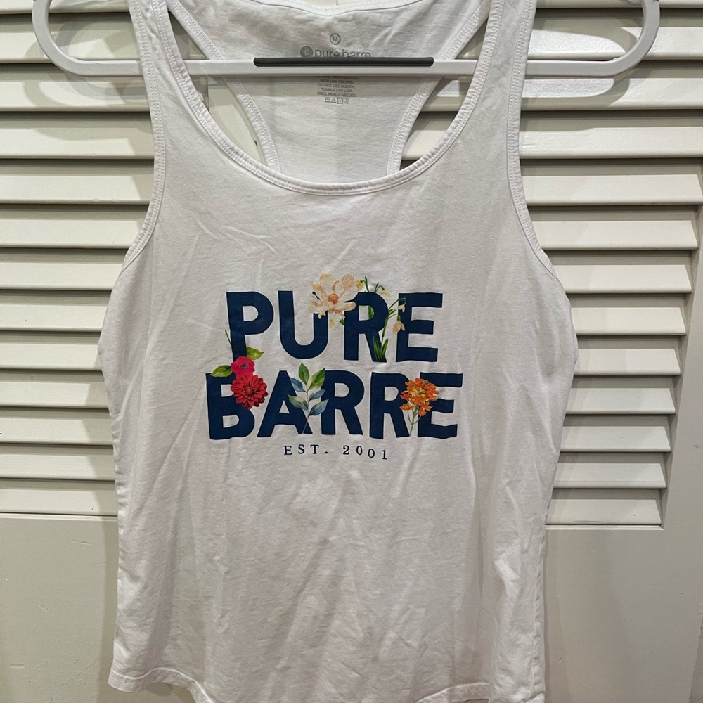 Pure Barre White Tank Top with Floral Design